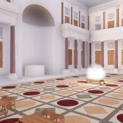 Reconstitution des thermes de Caracalla : une salle majestueuse avec sol décoré, colonnes imposantes, étagères et un autel fumant.