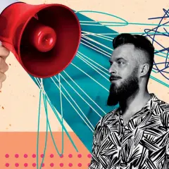 Mężczyzna z brodą i modną fryzurą słucha głośnego komunikatu z megafonu. Jego styl przypomina rebzyyx.