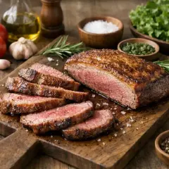Une picanha recette parfaite : un steak juteux tranché sur une planche en bois, avec des tomates, de l'ail, du romarin et de la salade.