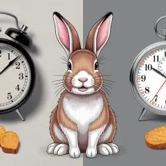 Un lapin mignon est assis entre deux réveils. Il est temps de préparer une recette de lapin !
