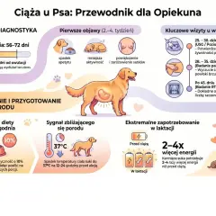 Ilustracja pokazuje, ile pies chodzi w ciąży (56-72 dni), objawy, wizyty u weterynarza, żywienie i przygotowanie do porodu.