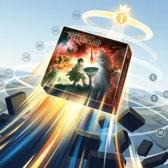 Der Herr der Ringe: Die Gefährten" schwebt über einer stilisierten Stadt, umgeben von Ranglisten, die auf seine Position in den board game geek top 100 hindeuten.