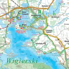 Mapa turystyczna przedstawiająca jeziora i szlaki wodne Wigierskiego Parku Narodowego.