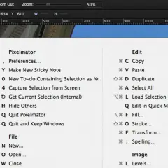 Zrzut ekranu z menu Pixelmator. Widoczne opcje: Pixelmator, File, Edit, Image.