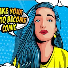 A woman with blue hair and a yellow shirt is depicted in a comic book style. A speech bubble says "Make your photo become comic.