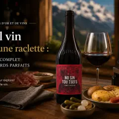 Quel vin avec raclette ? Un guide complet des accords parfaits. Bouteille de vin rouge Jura, fromage à raclette fondant, pommes de terre et charcuterie.