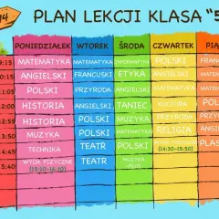 Plan lekcji klasy 5: matematyka, polski, angielski, historia, muzyka, technika, przyroda, informatyka, etyka, taniec, kultura, religia, wychowanie fizyczne, plastyka, teatr, francuski.