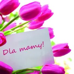 Piękne, różowe tulipany z kartką "Dla mamy!" idealne na Dzień Matki.