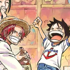 Shanks und ein jubelnder junger Luffy, ein fröhlicher Moment aus dem One Piece Remake.