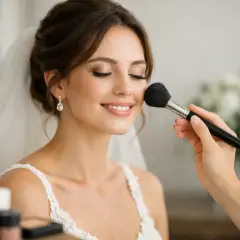 Novia sonriente recibe los últimos toques de maquillajes de novia. Un pincel aplica rubor en sus mejillas.