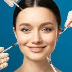 Ansiktsbehandling med botox och fillers. En kvinna ler medan flera sprutor närmar sig hennes ansikte för injektioner.