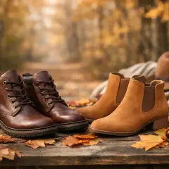Stivaletti in cuoio marrone e scamosciati color caramello, su un tavolo di legno autunnale con foglie cadute.