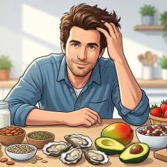 Hombre sonriente con una mesa llena de alimentos buenos para el pelo: salmón, aguacate, ostras, frutos secos y bayas.