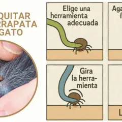 Instrucciones para quitar garrapatas en gatos: elige herramienta, agarra firmemente, gira y levanta.