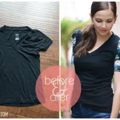 Before & after: a black t-shirt transformed into a stylish shirt with floral ruched sleeves. Learn how to turn a dress into a shirt!