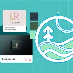 Graphic design elements for logo design tutorials, including a monogram logo example and a circular wave design in progress.