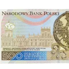 Banknot 500 zł z orłem w koronie i budynkiem. Narodowy Bank Polski emituje ten banknot 500 zł jako prawny środek płatniczy.