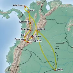 Reiseroute durch Kolumbien: Isla Fuerte, Lorica, Medellín, Salento, Cali, Popayán, Tatacoa, San Agustín und Leticia.