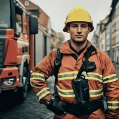 Ein Feuerwehrmann der Berufsfeuerwehr in voller Montur steht vor einem roten Feuerwehrauto.
