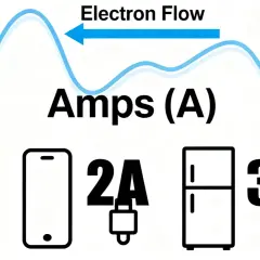 Amps (A) y tipos de poe: un teléfono (2A), un cargador (2A) y un refrigerador (3-6A).
