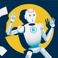 Robot z logo AI, zdezorientowany, z papierami wokół. To jest casus, który pokazuje, co to znaczy być zagubionym w świecie technologii.