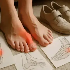 Bolesne stopy biegacza z zaznaczonym zapaleniem i rysunkami anatomicznymi kości stopy. Obok buty ortopedyczne.
