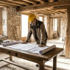 Un maître d'ouvrage, casque jaune, étudie des plans sur une table en bois dans une maison en pierre en rénovation.
