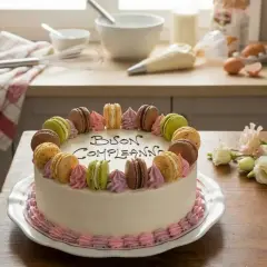Torta di compleanno decorata con macarons colorati e scritta "Buon Compleanno". Perfetta tra le torte di compleanno semplici da fare in casa.