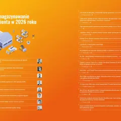 Ilustracja przedstawia elementy logistyki: magazyn, drona, samochód dostawczy, wózek widłowy. To pokazuje, co to jest logistyka w e-commerce.