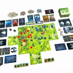 Plansza i komponenty gry planszowej Northgard: Niezbadane ziemie. Gracze eksplorują nowe terytoria, zbierają zasoby i walczą o dominację.