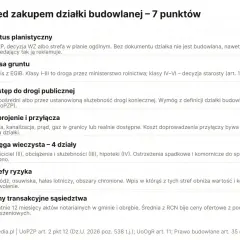 Lista 7 punktów do sprawdzenia przed zakupem działki, w tym status planistyczny, klasa gruntu i dostęp do drogi, kluczowe dla przekształcenia działki rolnej na budowlaną.