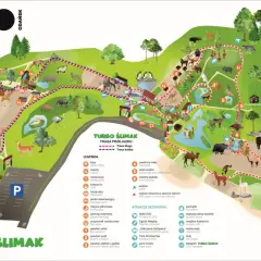 Mapa zoo w Gdańsku z zaznaczonymi trasami "Turbo Ślimak", zwierzętami i atrakcjami.