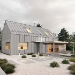Nowoczesny dom z dachem dwuspadowym, który może posłużyć jako inspiracja, jak zrobić dach dwuspadowy na altanie.