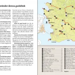 Karta över Skåne med markerade etapper av Skåneleden. Texten beskriver hur man använder guideboken.