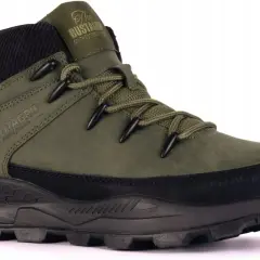 Zielone buty trekkingowe BUSTAGRIP z czarną podeszwą i sznurówkami. Idealne na górskie wyprawy.