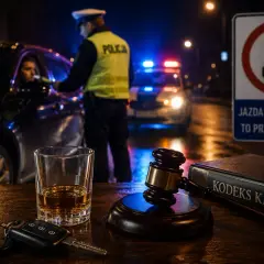 Policjant zatrzymuje kierowcę, obok szklanka z alkoholem, kluczyki i Kodeks Karny. Jazda po alkoholu to przestępstwo.