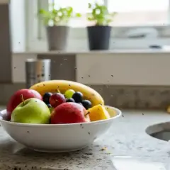 Miseczka owoców na blacie kuchennym, wokół której latają małe czarne muszki w domu, nie owocówki.