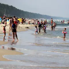 Tłum ludzi cieszy się słońcem i kąpielą w ciepłym Bałtyku. Dzieci bawią się w wodzie, szukając miejsca, gdzie najcieplejsza woda w Bałtyku.