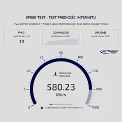 Wynik testu prędkości internetu: pobieranie 580.23 Mb/s, ping 10 ms.