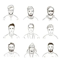 Neuf portraits d'hommes, certains avec une barbe, aux styles variés.