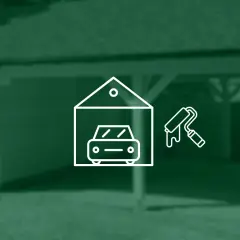 Icona stilizzata di un'auto in un garage con un rullo da pittura, suggerisce l'idea di verniciare tetto auto con bomboletta.