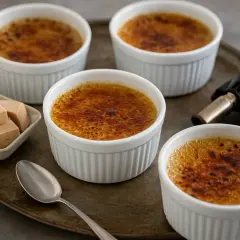 Quatre ramequins de crème brûlée au foie gras, prêts à être dégustés. Un chalumeau et des cubes de foie gras sont à proximité.