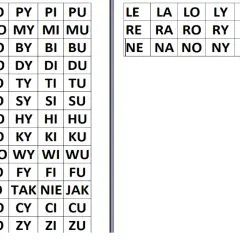Tabele z sylabami, np. PE, PA, PO, PY, PI, PU, ME, MA, MO, MY, MI, MU. Idealne, by nauczyć 6 latka czytać.