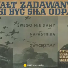 Plakat dwudziestolecie międzywojenne: samoloty, czołgi, działa i generał Śmigły-Rydz. "Gwałt zadawany siłą, musi być siłą odparty".