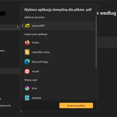 Ustawienia aplikacji domyślnych dla plików PDF. Wybierz SumatraPDF, aby ustawić Adobe jako domyślny program do otwierania PDF.