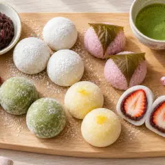 Różnorodne japońskie ciastka z ryżu: mochi w kolorach zielonym, żółtym i białym, różowe z liściem, z truskawką w środku. Obok miseczka z pastą anko i matcha.