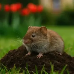 Mały gryzoń siedzi na kopcu ziemi, świeżo po wyjściu z dziury.