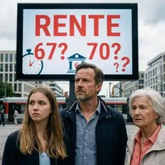 Drei Menschen blicken nachdenklich auf eine Anzeige, die über das Renteneintrittsalter 70 diskutiert.