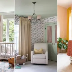 Sweet baby room inspiration with floral wallpaper, a wicker light fixture, and a cozy crib.