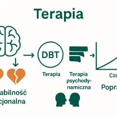 Schemat terapii dla osób z niestabilnością emocjonalną: mózg, serce (całe i pęknięte), DBT, terapia psychodynamiczna, czas i poprawa.